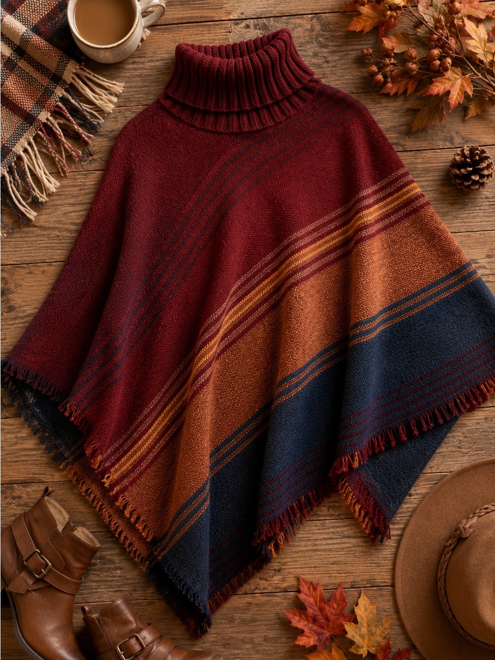 Tahari Boho Fringe Poncho Sweater One Size Southwestern Turtleneck Wrap